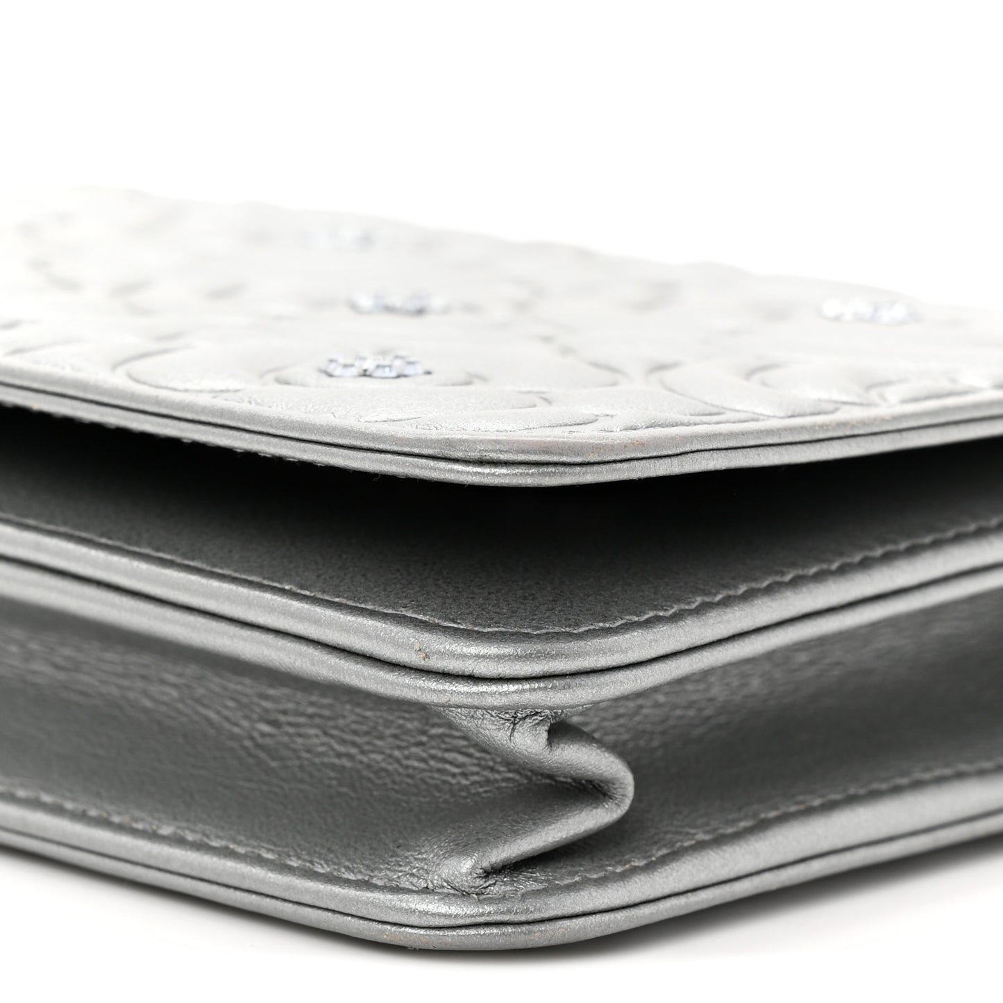 Metallic Lambskin Crystal Camellia Embossed Wallet On Chain WOC Silver