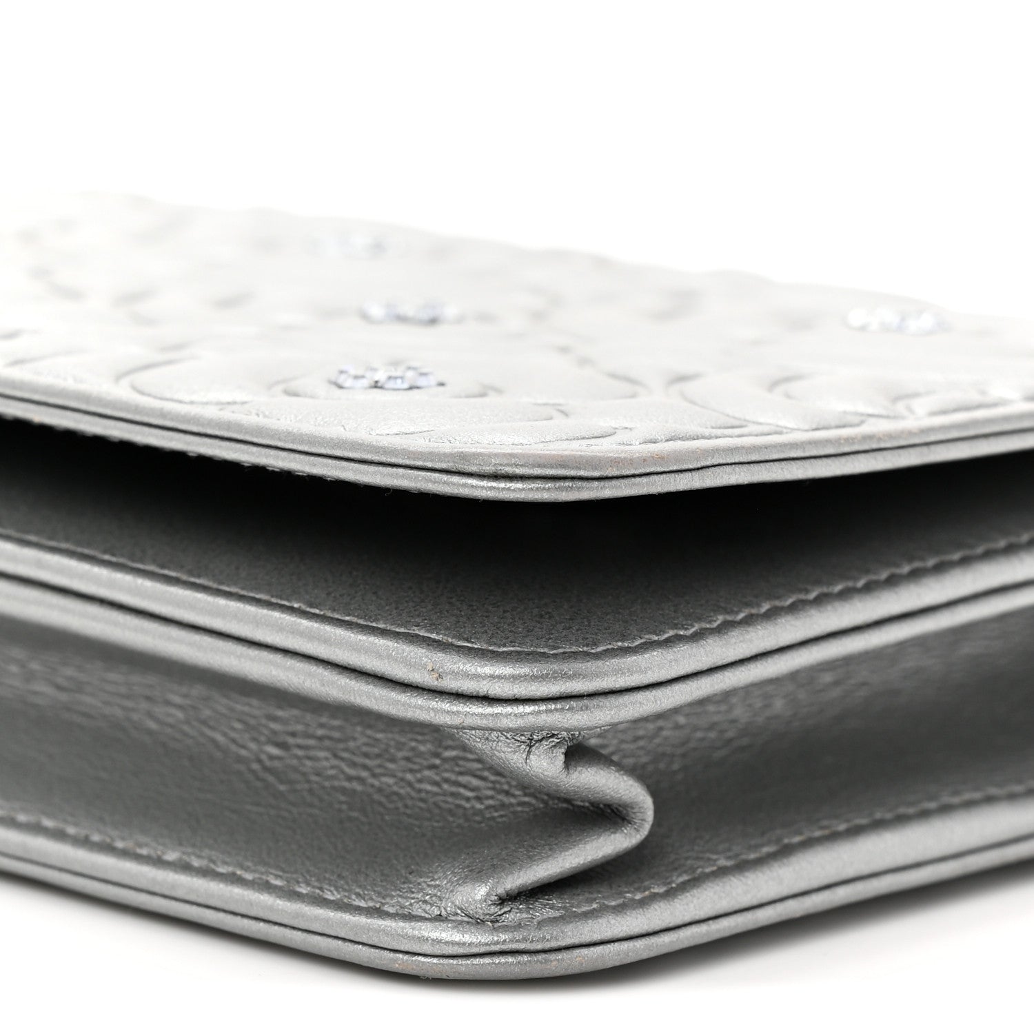 Chanel Metallic Lambskin Crystal Camellia Embossed Wallet On Chain WOC Silver 11 of 12