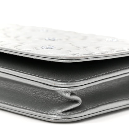 Chanel Metallic Lambskin Crystal Camellia Embossed Wallet On Chain WOC Silver 11 of 12