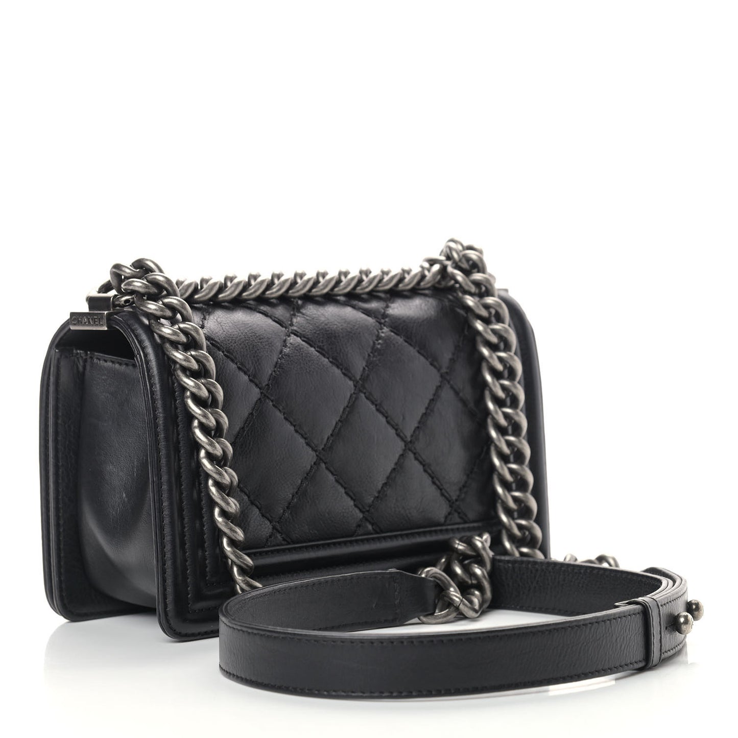 Calfskin Double Stitch Small Boy Flap Black