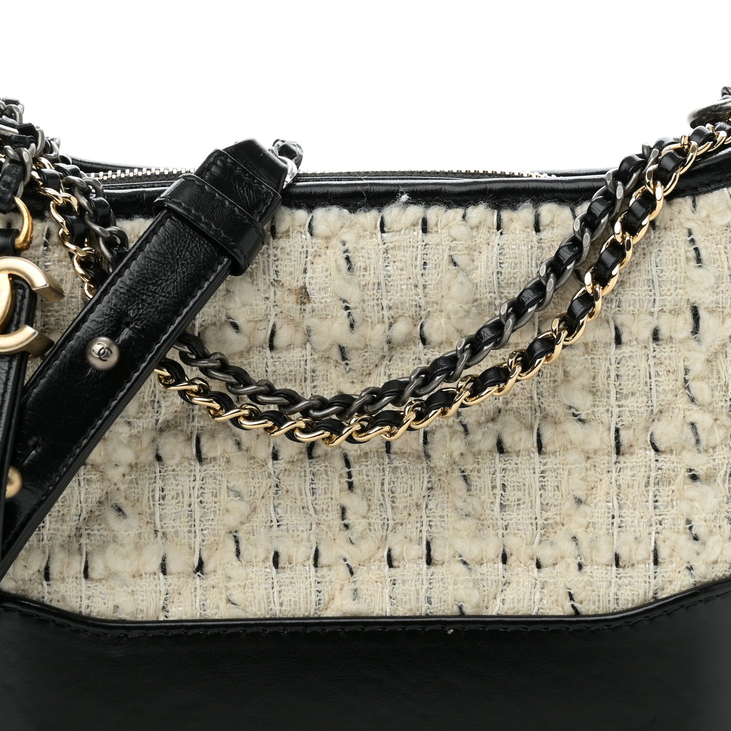 Tweed Calfskin Quilted Small Gabrielle Hobo Ivory Black