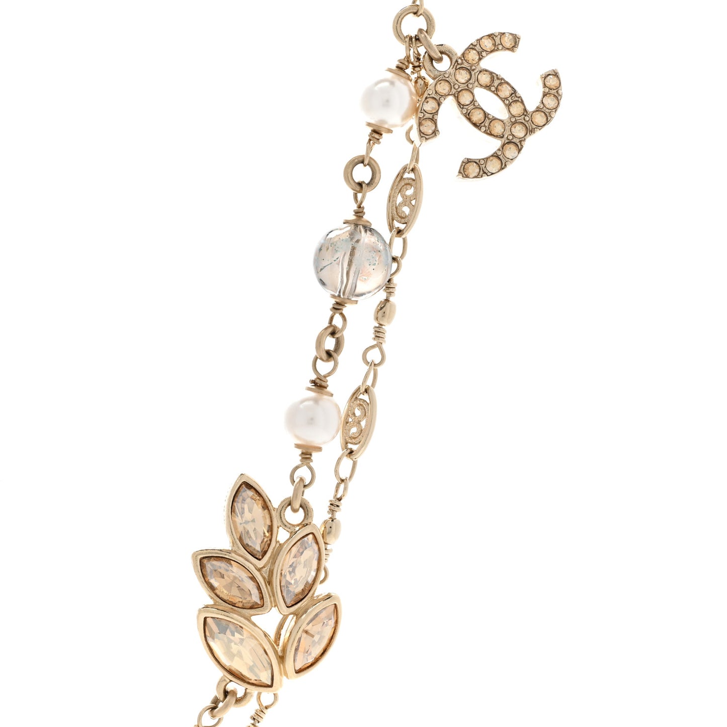 Pearl Bead Crystal CC Necklace Gold White
