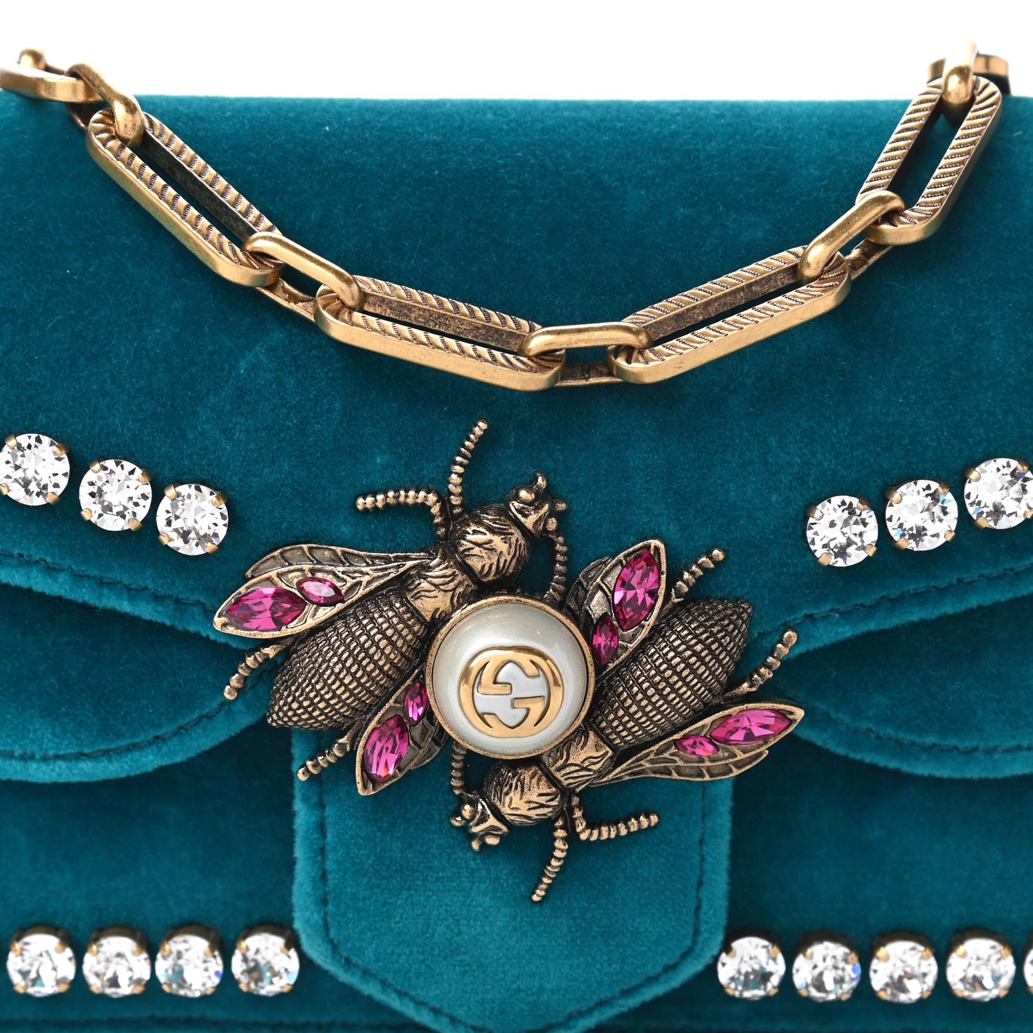 Gucci Velvet Crystal Mini Bee Broadway Shoulder Bag Pavone Cyan 10 of 10