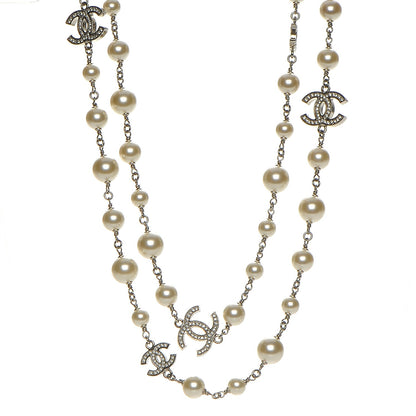 Chanel Crystal Pearl CC Long Necklace Silver 1 of 6