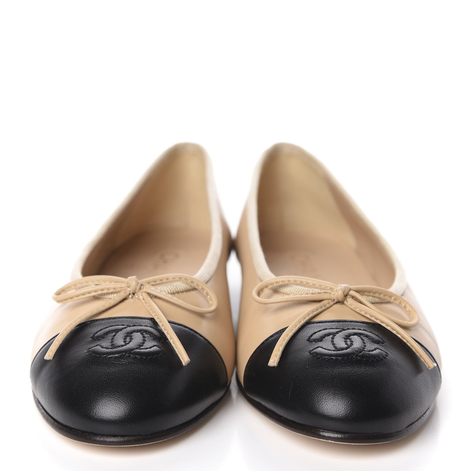Chanel Lambskin CC Cap Toe Ballerina Flats 37.5 Beige Black 2 of 9