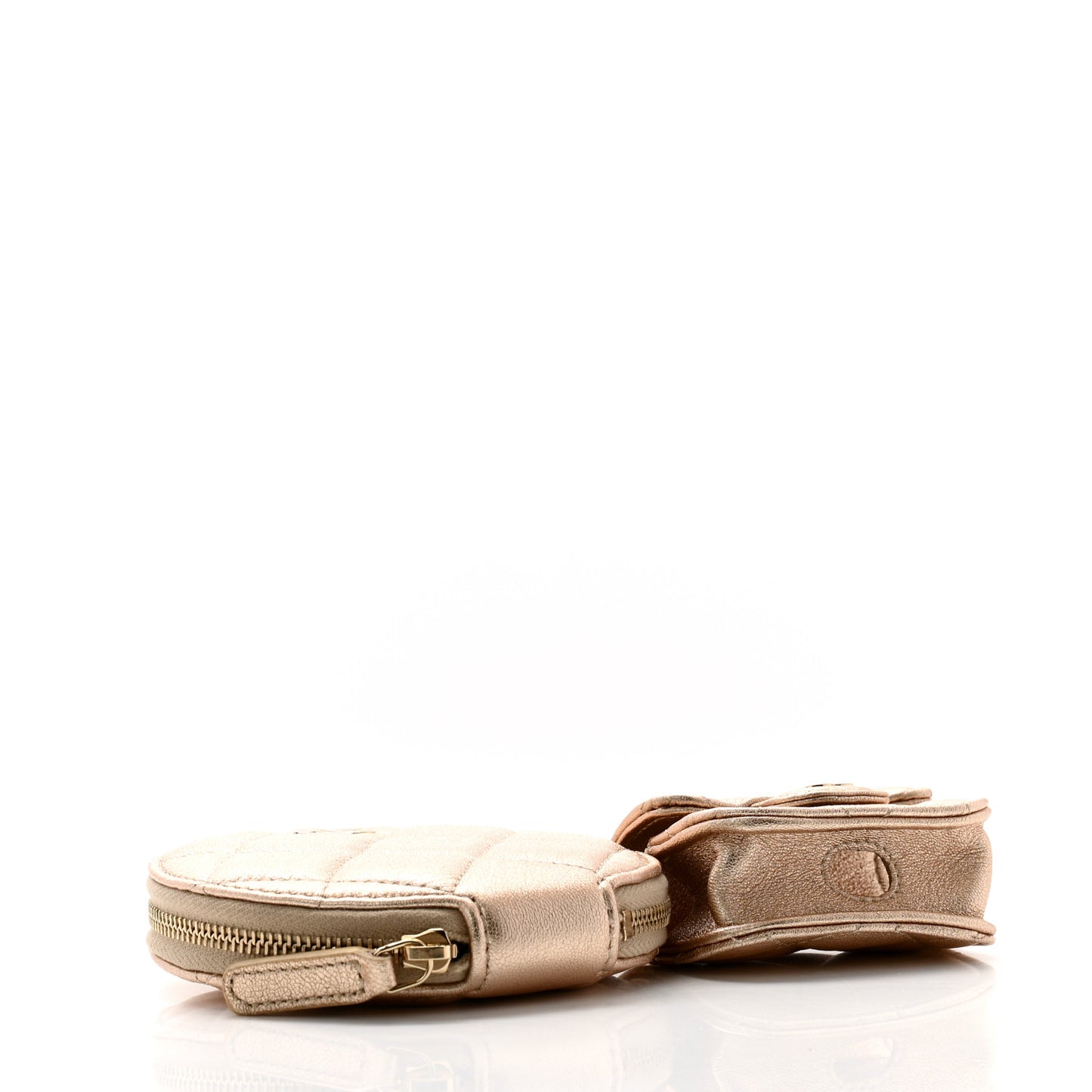 Metallic Lambskin Quilted Round Clip On Coin Purse Airpods Case Gold