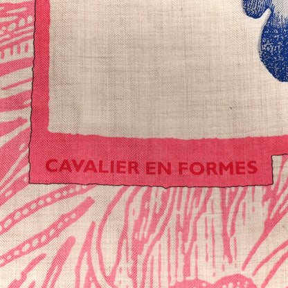 Hermes Cashmere Silk Cavalier En Formes Shawl 140 Naturel Rose Bonbon Bleu 4 of 5