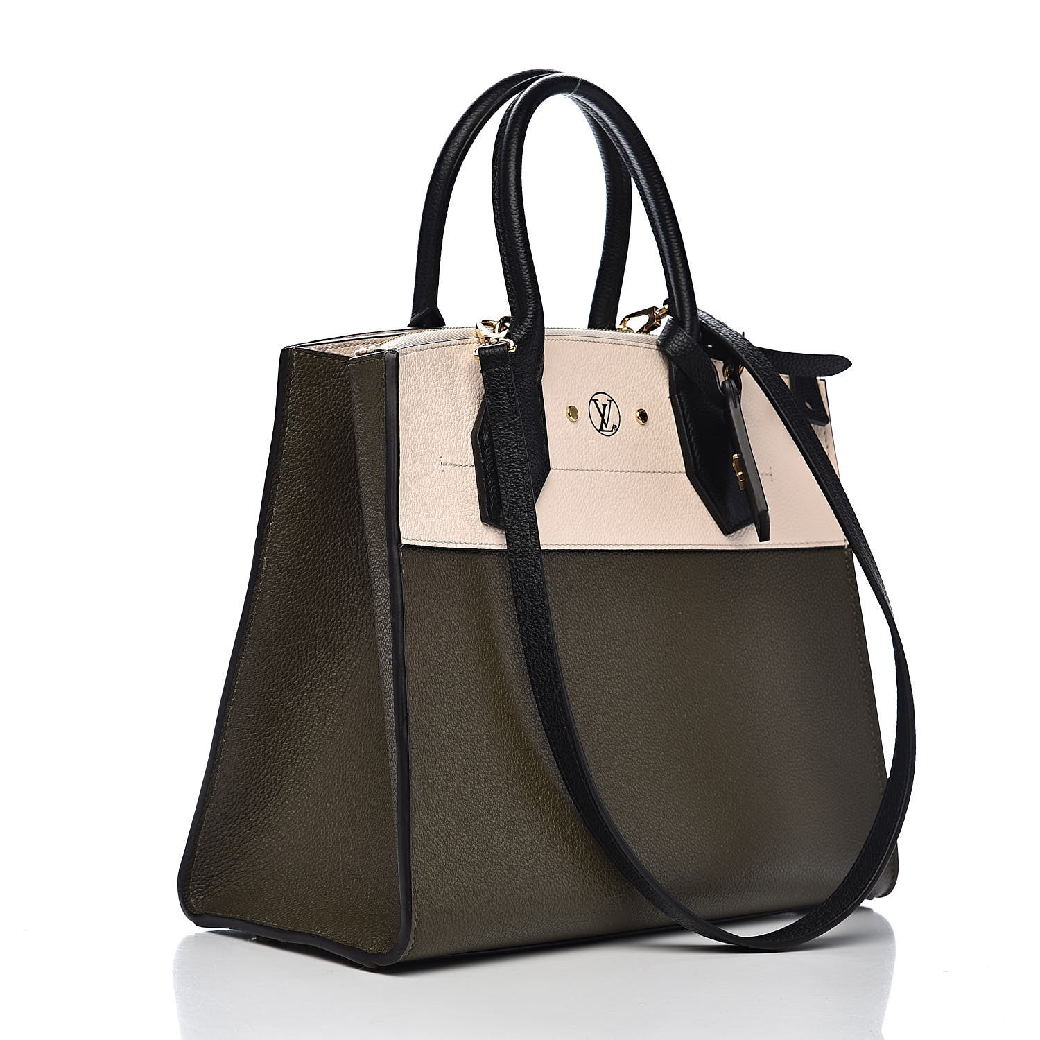 Louis Vuitton Taurillon City Steamer MM Kaki Cream Black 3 of 10