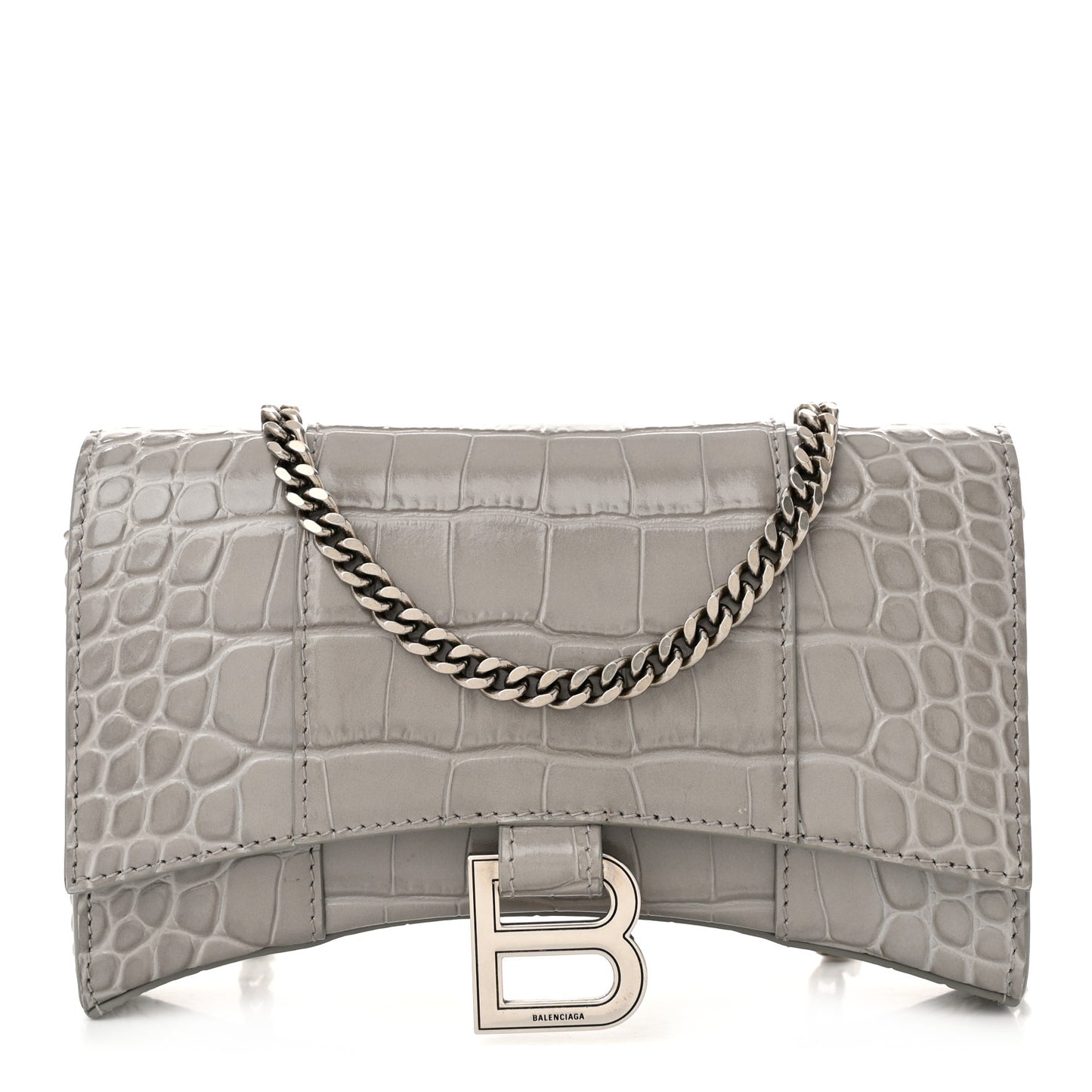 Shiny Calfskin Crocodile Embossed Hourglass Chain Bag Balenciaga Steel Grey