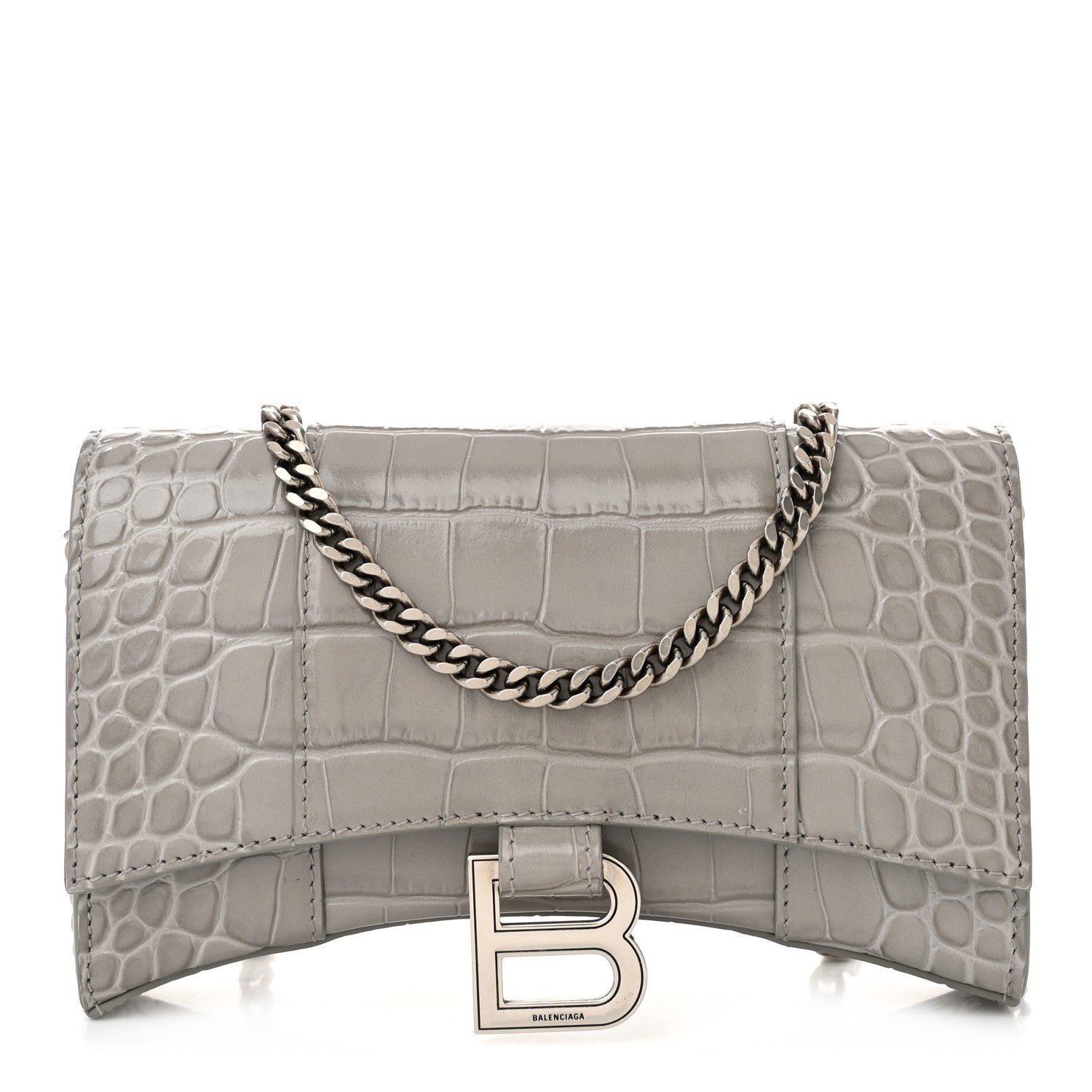 Balenciaga Shiny Calfskin Crocodile Embossed Hourglass Chain Bag Balenciaga Steel Grey 1 of 10