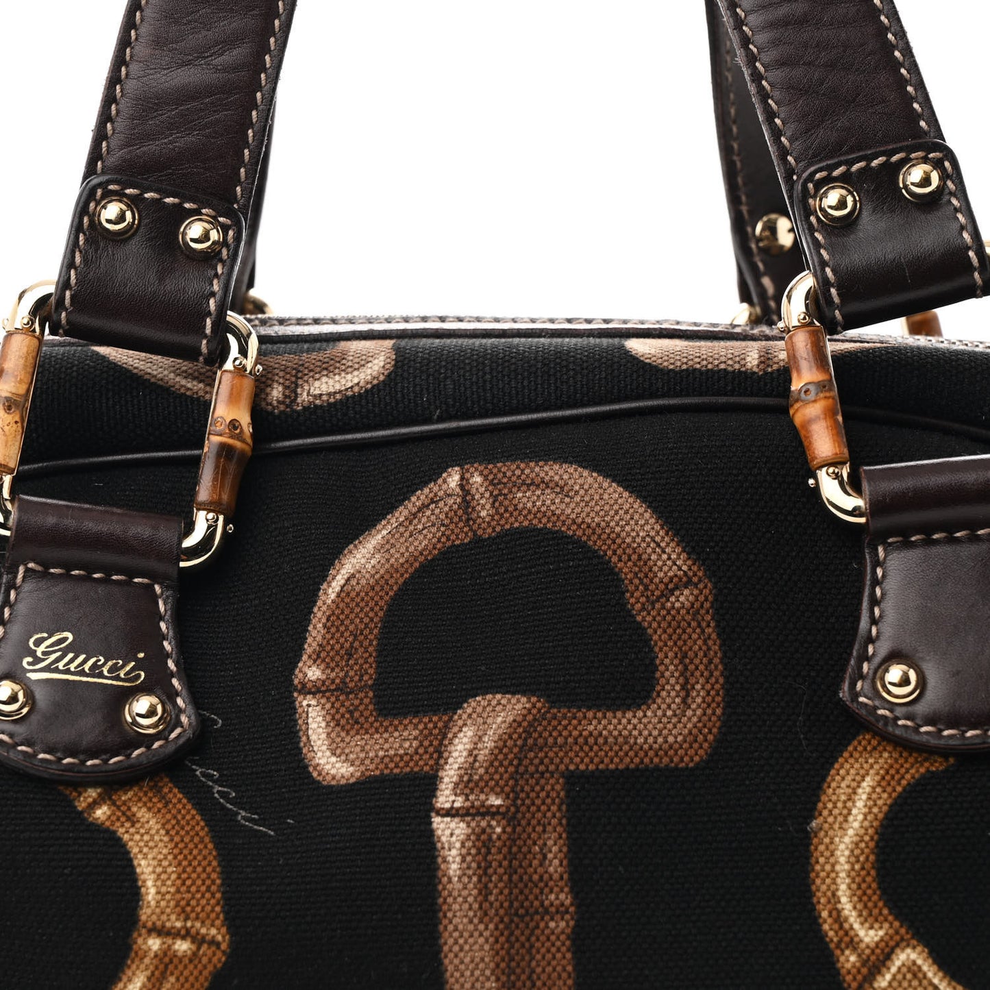 Canvas Calfskin Bamboo Horsebit Print Boston Black Dark Brown