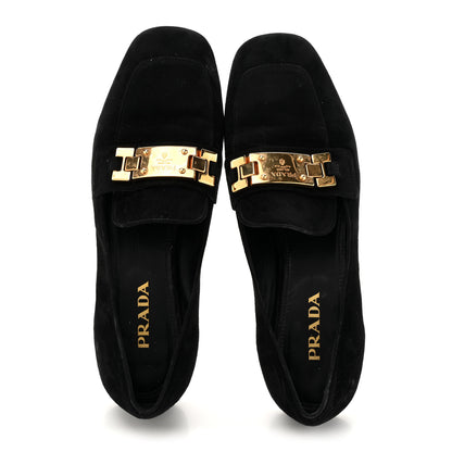 Prada Suede Metal Plate Logo Loafers 37.5 Black 5 of 12