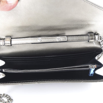 Saint Laurent Metallic Grain De Poudre Matelasse Chevron Monogram Chain Wallet Piombo 7 of 9