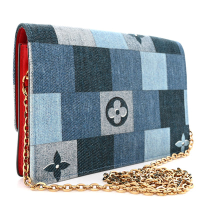 Louis Vuitton Denim Damier Monogram Patchwork Flore Chain Wallet Blue Rouge 3 of 10