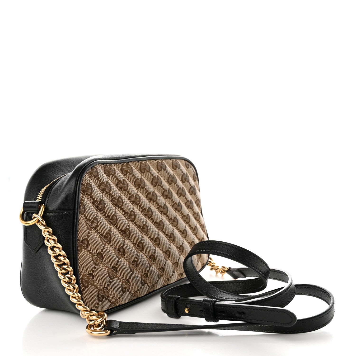 Gucci Monogram Matelasse Diagonal Small GG Marmont Chain Shoulder Bag Beige Black 3 of 19
