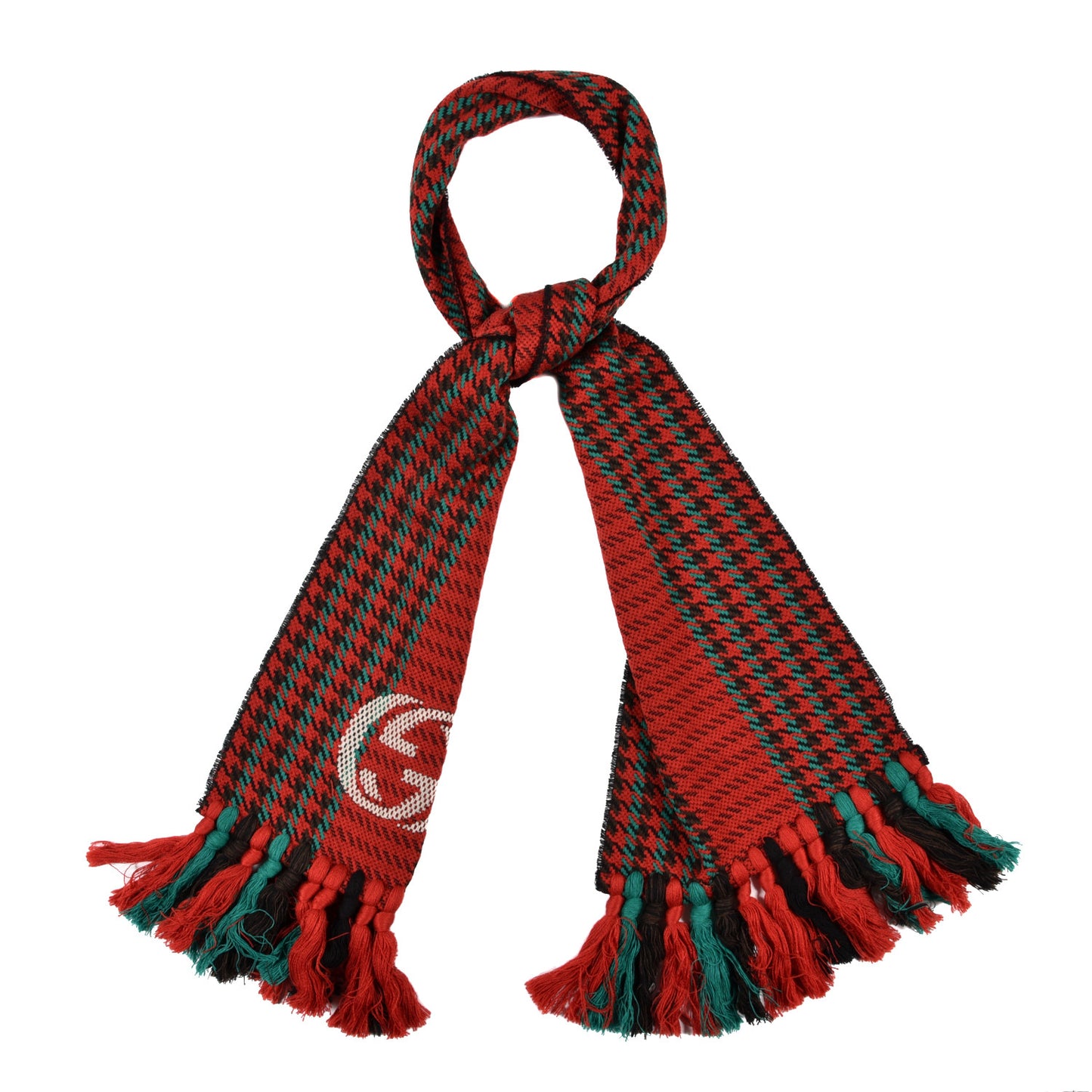 Wool Interlocking G Houndstooth Nattar Scarf Green Red