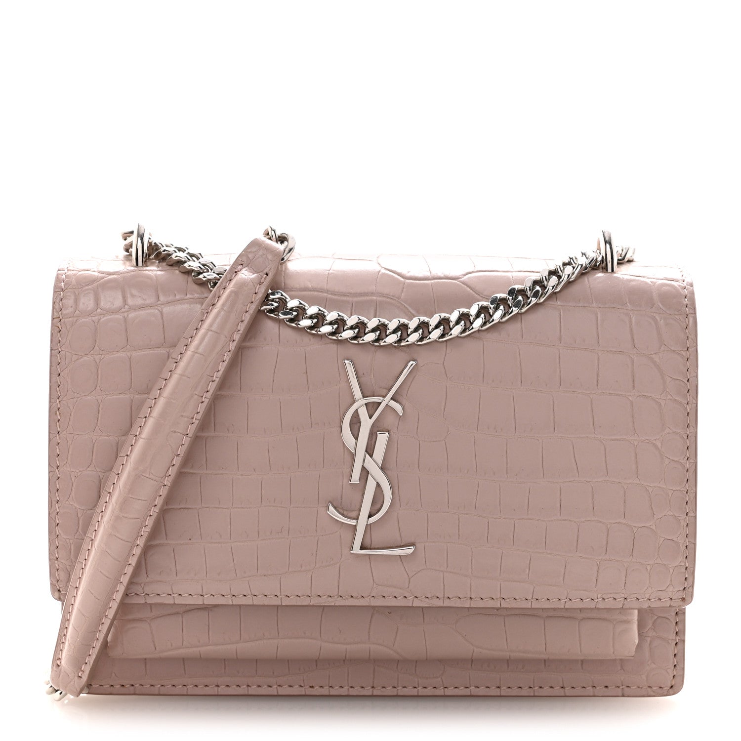 Saint Laurent Calfskin Crocodile Embossed Monogram Sunset Chain Wallet Soft Nude 1 of 15