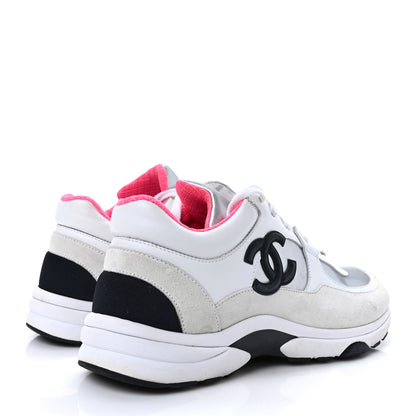 Chanel Calfskin Fabric Sneakers 37.5 White Silver Fluo Pink 4 of 9