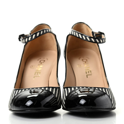 Chanel Fabric Striped Patent Cap Toe Ankle Strap Pumps 37.5 Black White 2 of 11