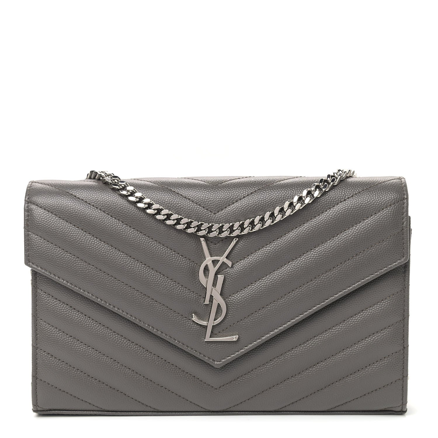 Saint Laurent Grain De Poudre Matelasse Chevron Monogram Chain Wallet Grey 1 of 8