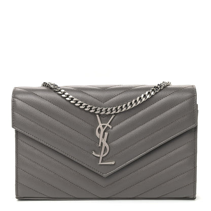 Saint Laurent Grain De Poudre Matelasse Chevron Monogram Chain Wallet Grey 1 of 8