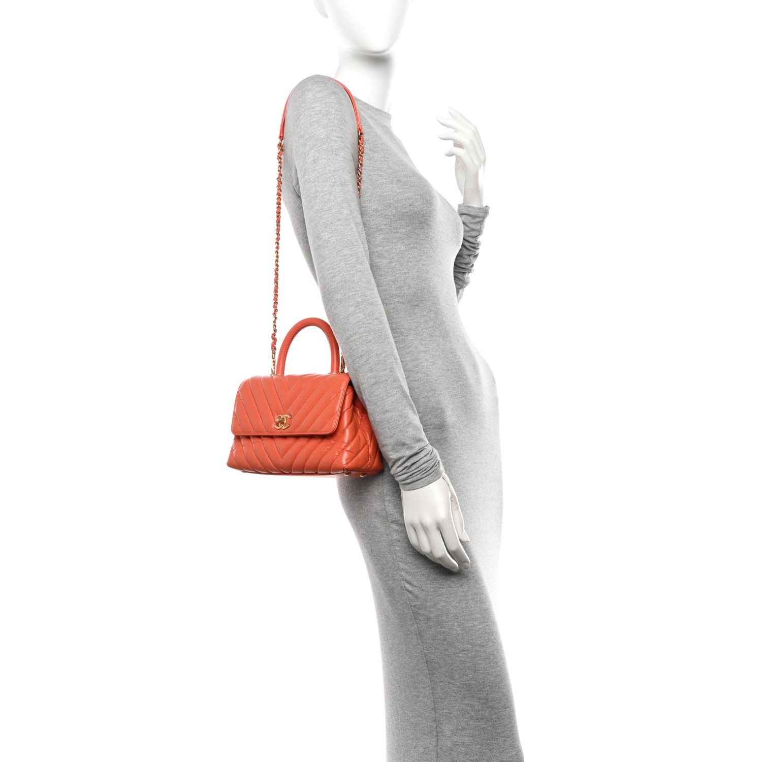 Chanel Calfskin Chevron Quilted Mini Coco Handle Flap Orange 2 of 10