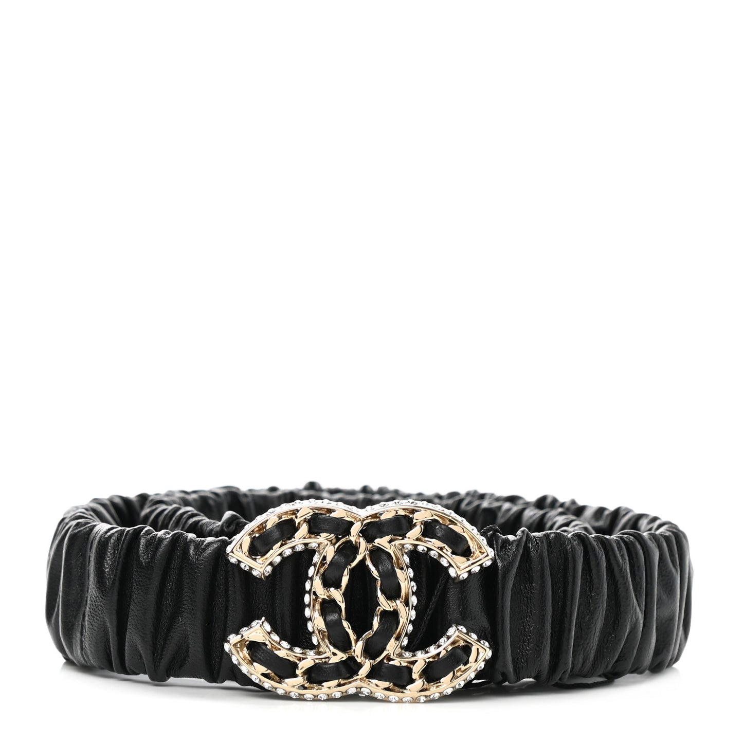 Lambskin Metal Strass Ruched Chain CC Belt 75 30 Black