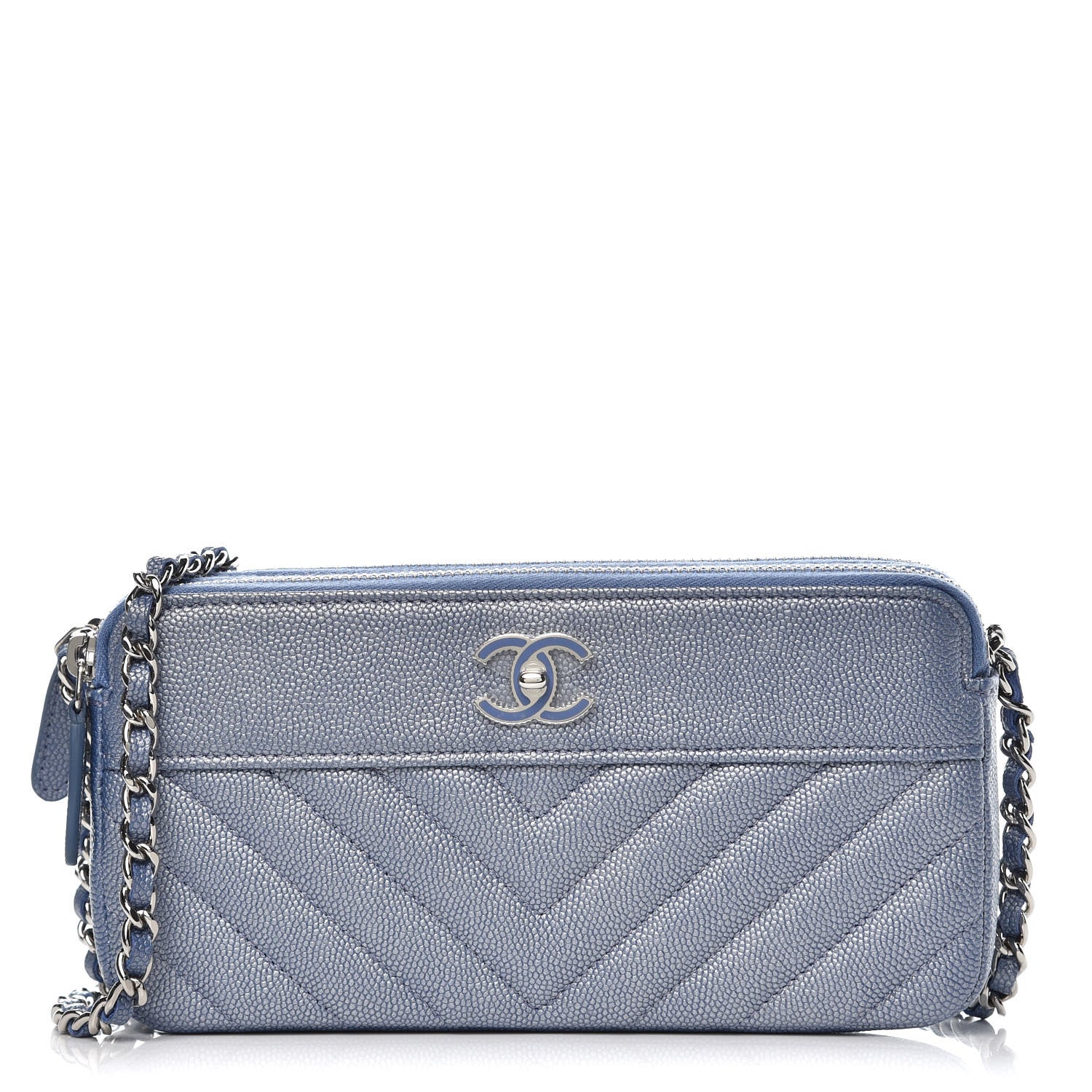 Chanel Metallic Caviar Chevron Quilted Small Vintage Mademoiselle Clutch With Chain Light Blue 1 of 11
