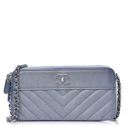 Chanel Metallic Caviar Chevron Quilted Small Vintage Mademoiselle Clutch With Chain Light Blue 1 of 11