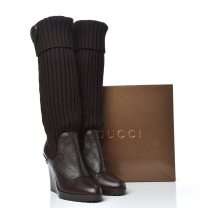Gucci Wool Calfskin Knee Length Sock Boots 38 Brown 9 of 9