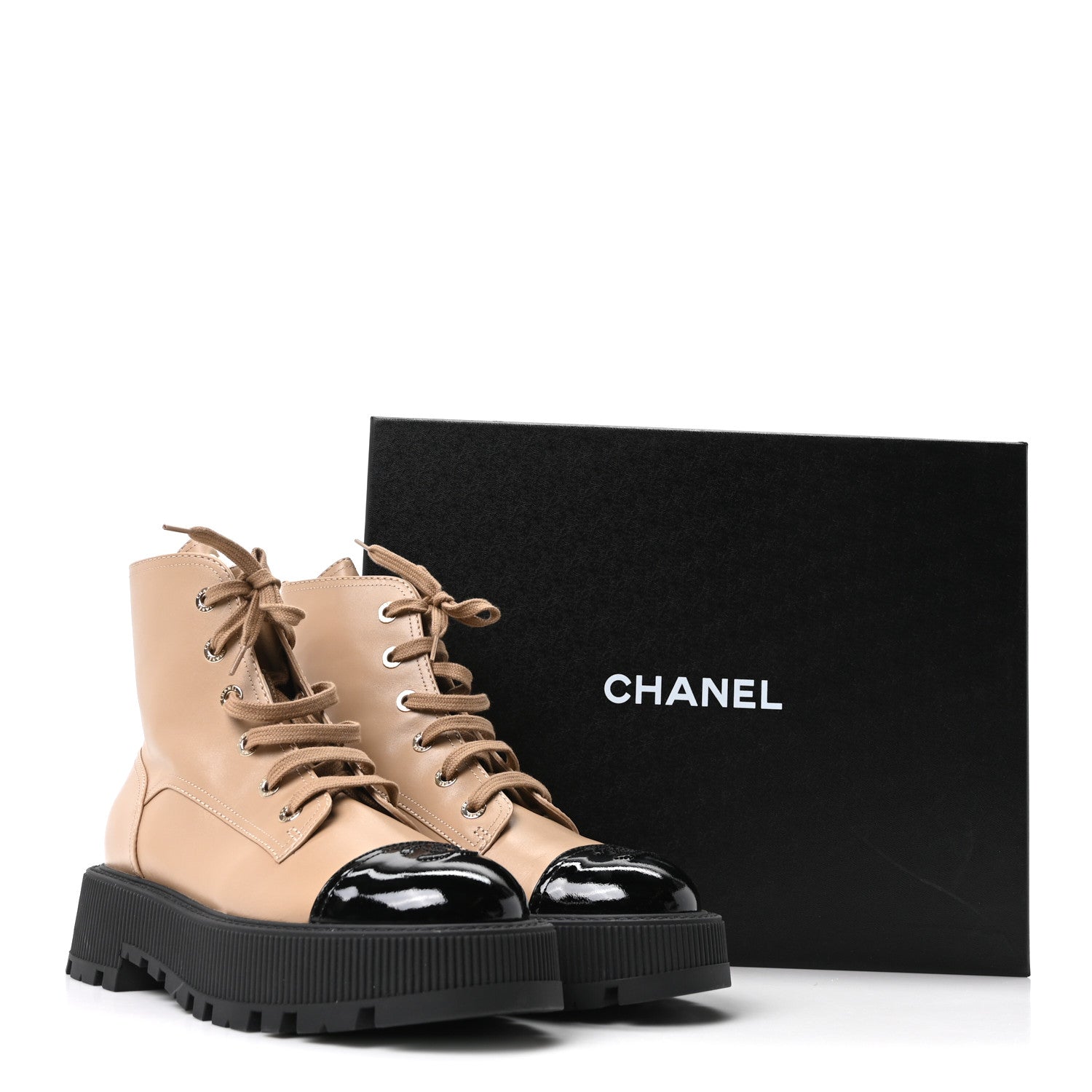 Chanel Calfskin Patent Calfskin CC Lace Up Combat Boots 39 Beige Black 10 of 10