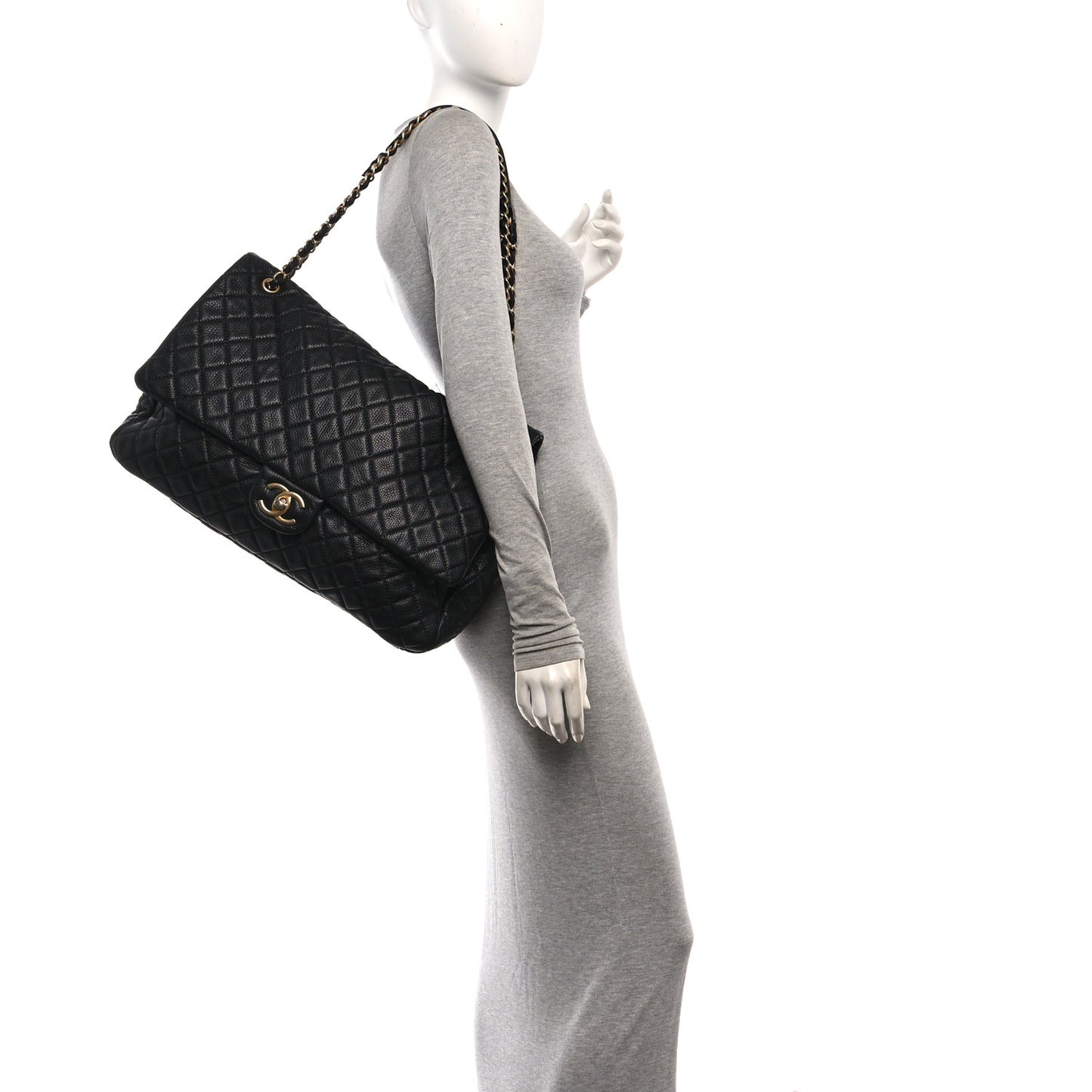 Grained Calfskin Quilted XXL Travel Flap Bag Black
