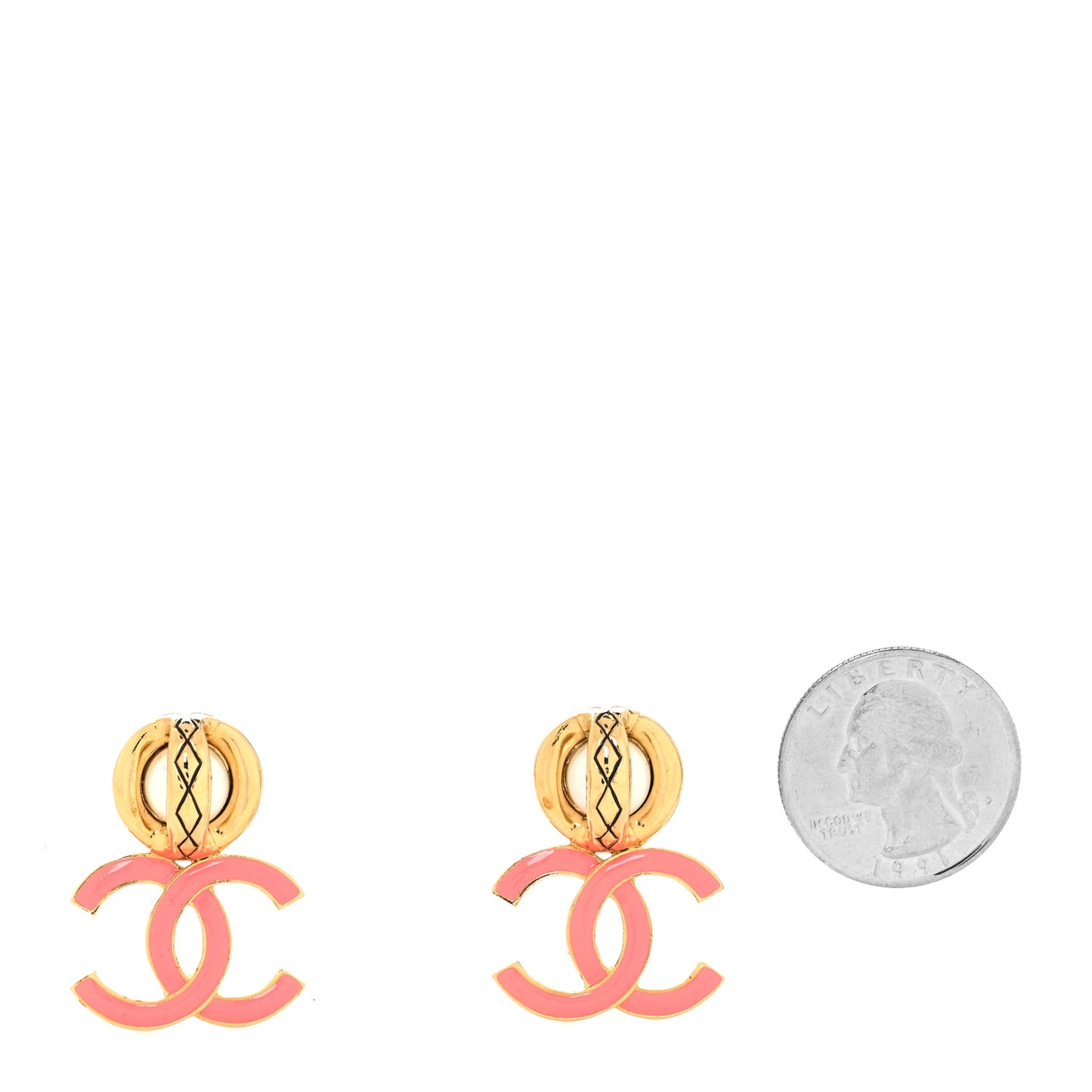 Metal Enamel Pearl CC Drop Earrings Gold Pink