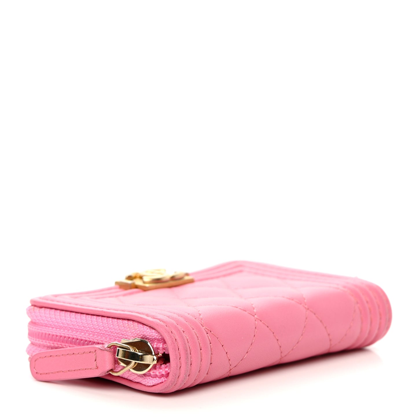 Lambskin Quilted Boy Zip Around Coin Purse Wallet Pink