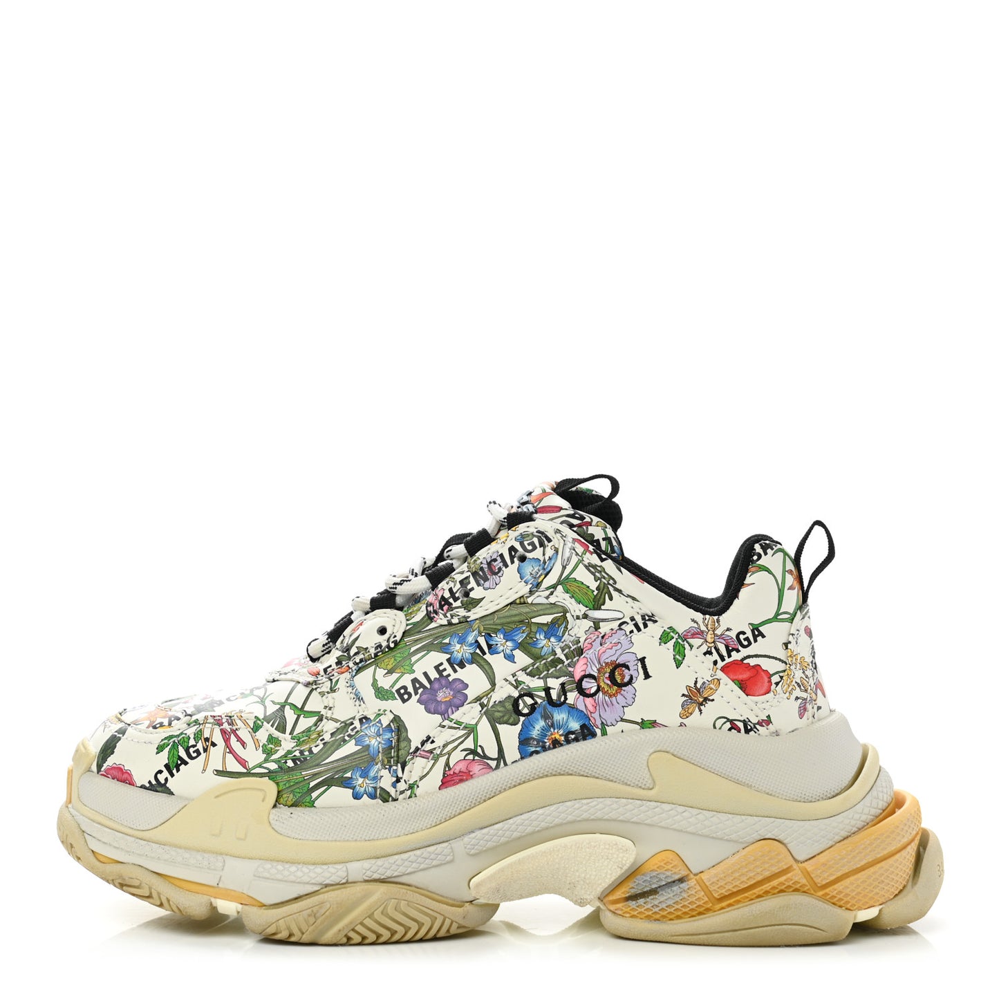 X GUCCI Fabric Allover Logo Flora Print Womens Triple S Sneakers 39 Multicolor White