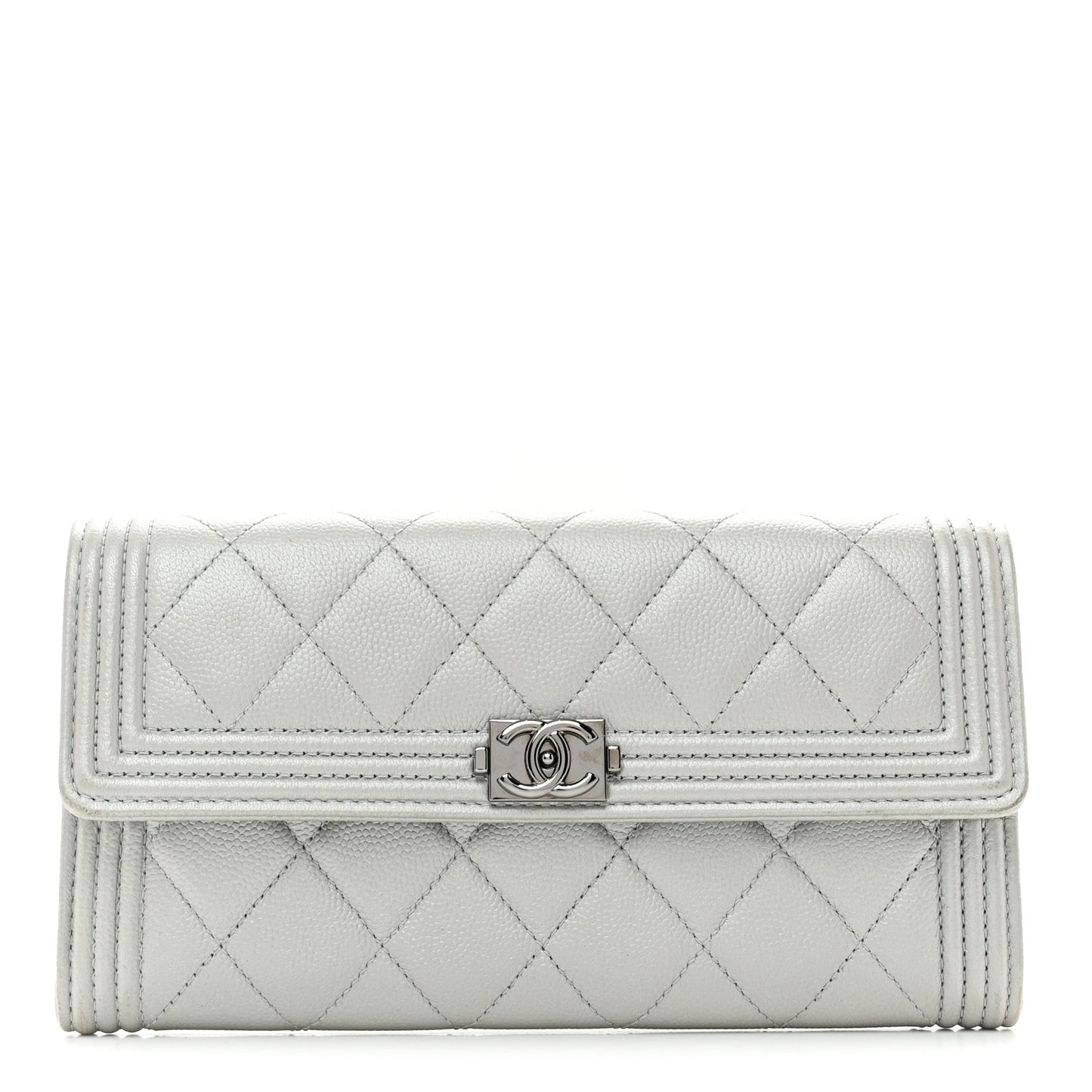 Metallic Caviar Quilted Large Boy Gusset Flap Wallet Silver