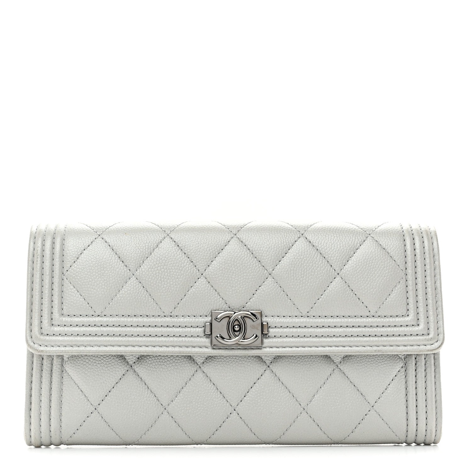 Chanel Metallic Caviar Quilted Large Boy Gusset Flap Wallet Silver 1 of 9