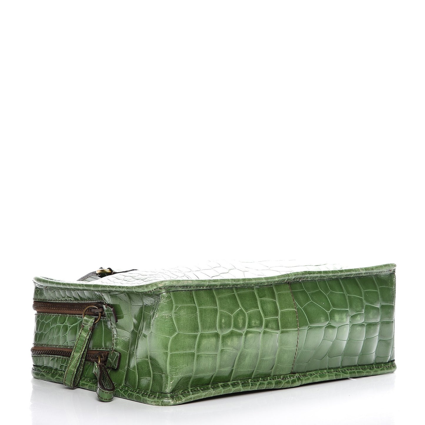 Shiny Calfskin Crocodile Embossed Double Zip Bauletto Larice
