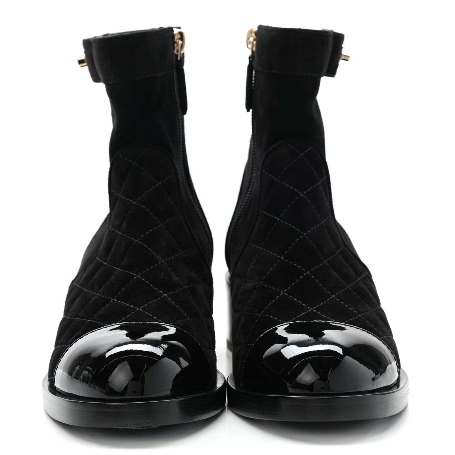 Chanel Suede Patent Calfskin Quilted Cap Toe Short Boots 37 Black 2 of 8