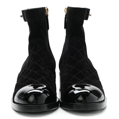 Chanel Suede Patent Calfskin Quilted Cap Toe Short Boots 37 Black 2 of 8