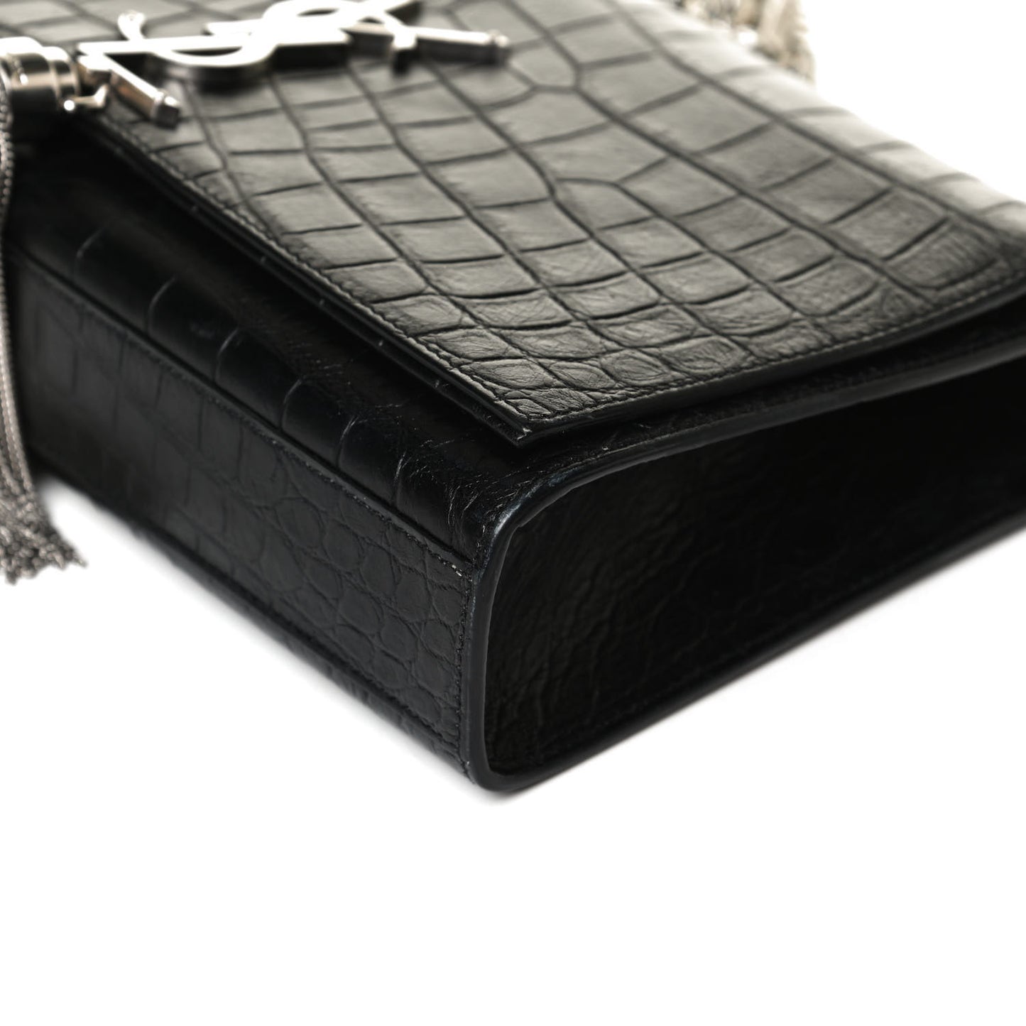 Calfskin Crocodile Embossed Medium Classic Monogram Kate Tassel Satchel Black