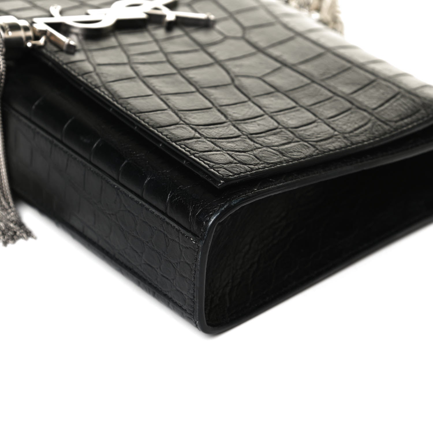 Saint Laurent Calfskin Crocodile Embossed Medium Classic Monogram Kate Tassel Satchel Black 11 of 13