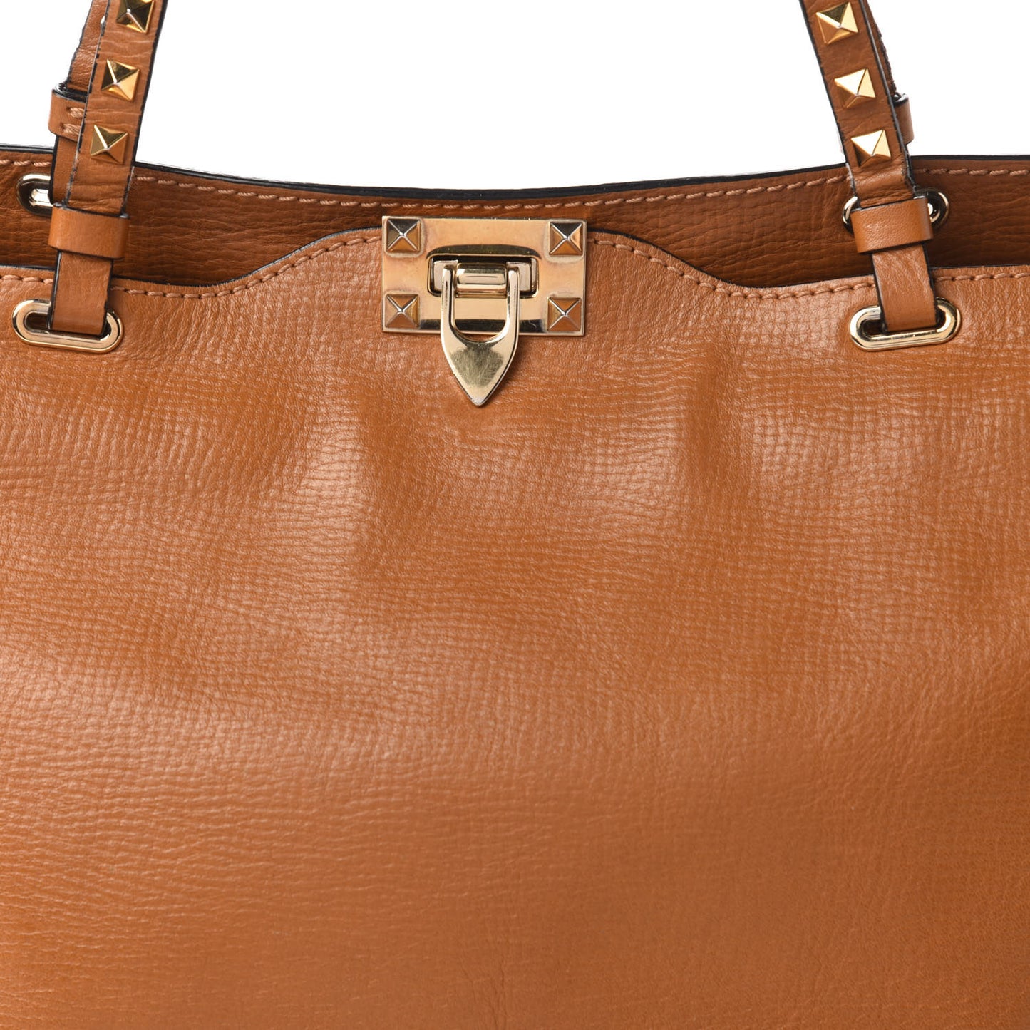 Textured Calfskin Medium Rockstud Tote Camel
