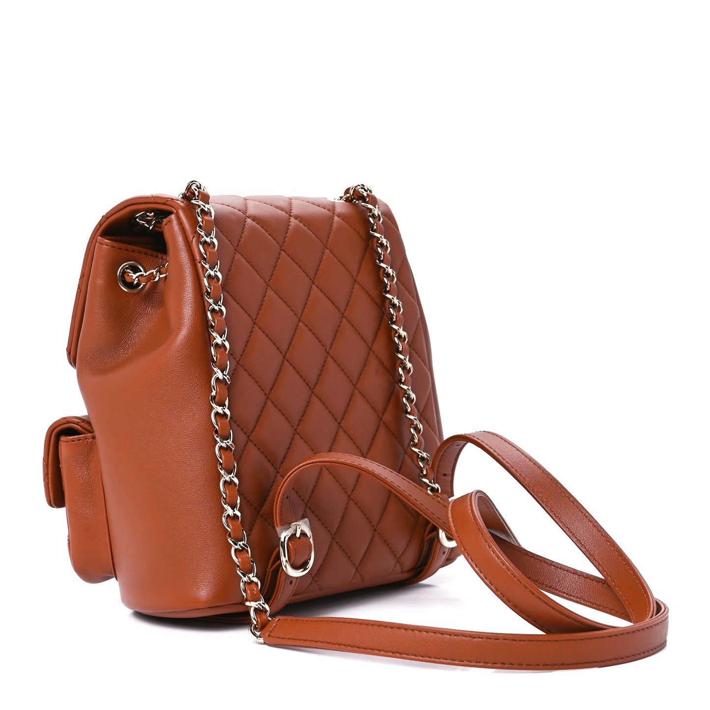 Shiny Calfskin Quilted Medium Duma Pockets Drawstring Backpack Brown