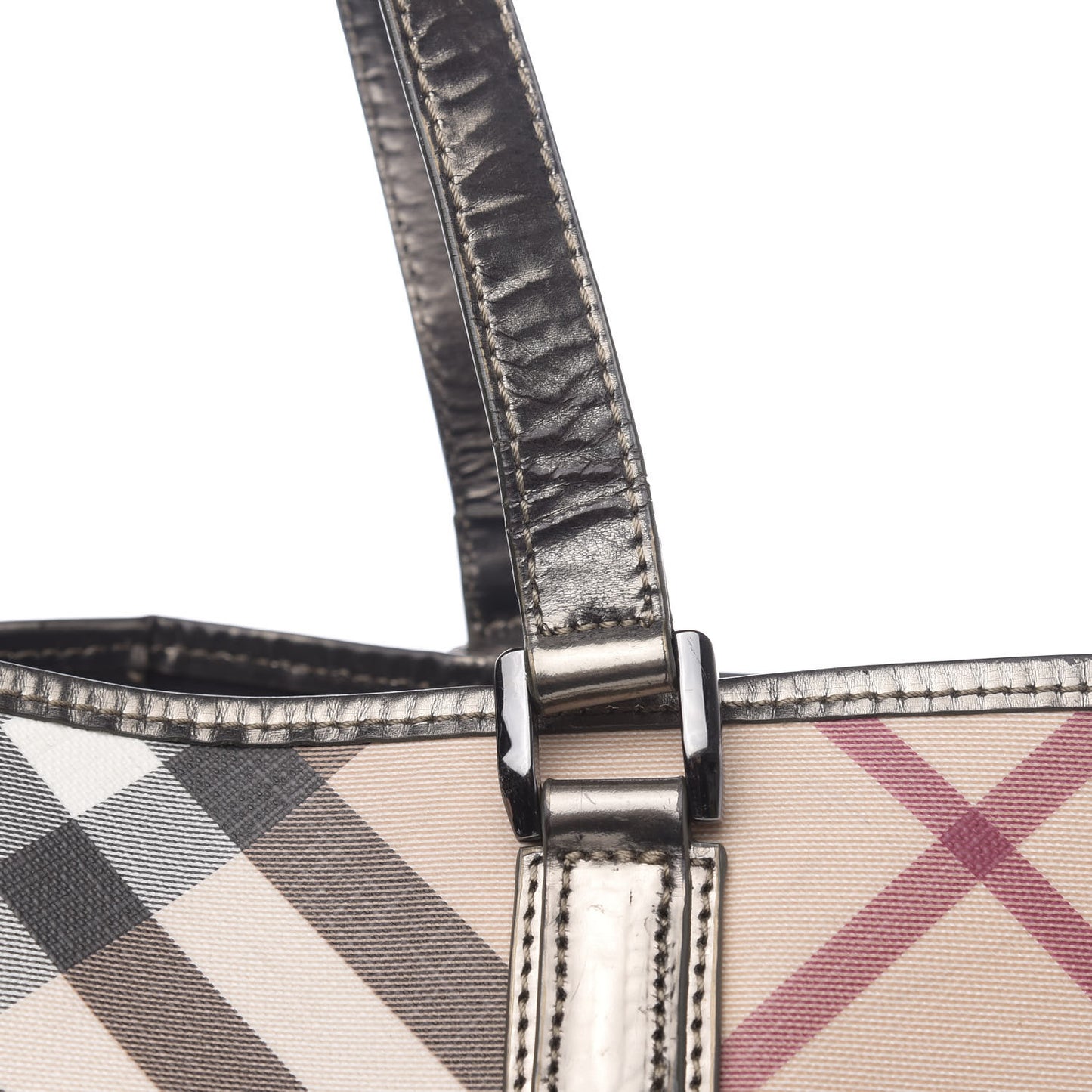 Metallic Calfskin Nova Check Shopper Tote Pewter
