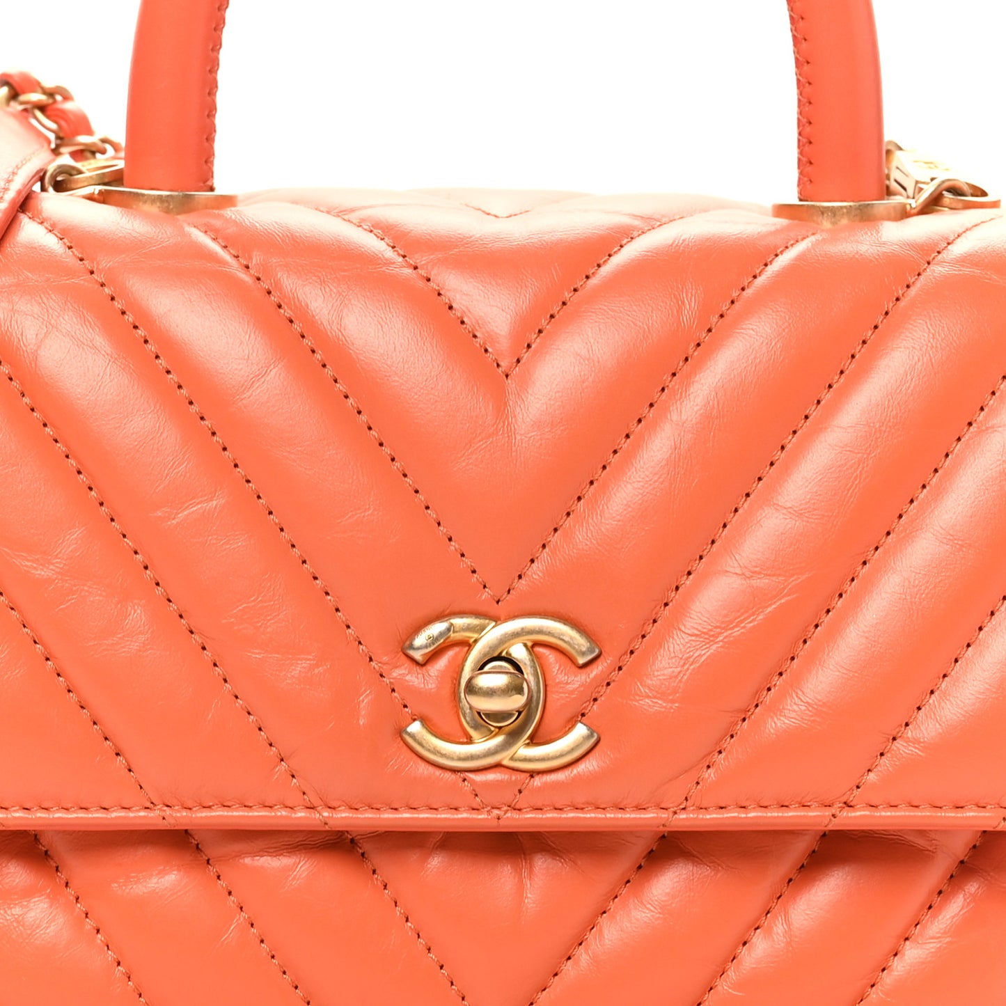 Aged Calfskin Chevron Quilted Mini Coco Handle Flap Orange
