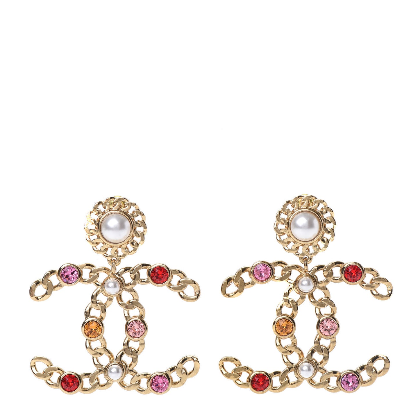 Pearl Crystal Chain Link CC Drop Earrings Gold Red Pink Yellow