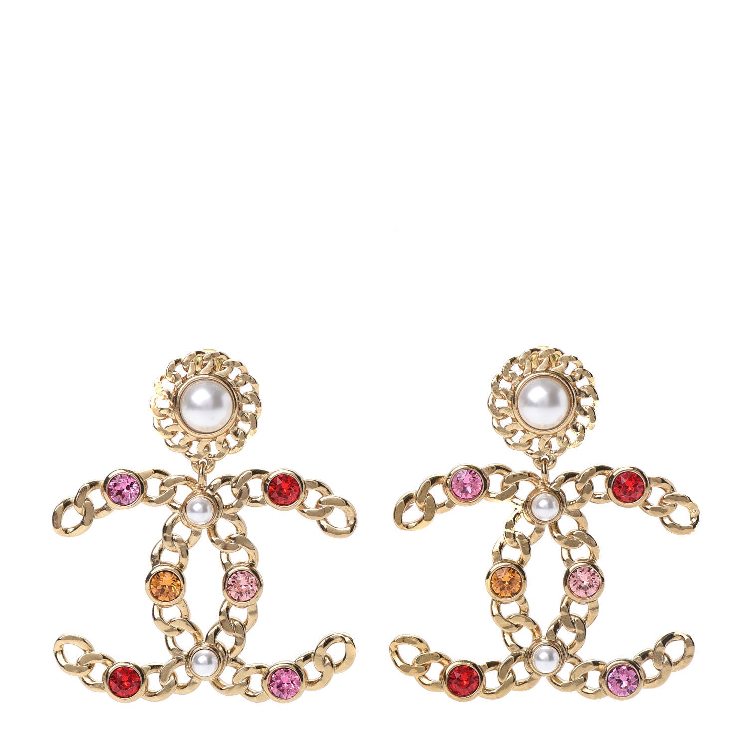 Chanel Pearl Crystal Chain Link CC Drop Earrings Gold Red Pink Yellow 1 of 5