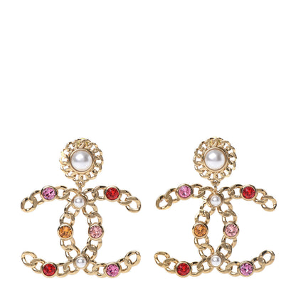 Chanel Pearl Crystal Chain Link CC Drop Earrings Gold Red Pink Yellow 1 of 5