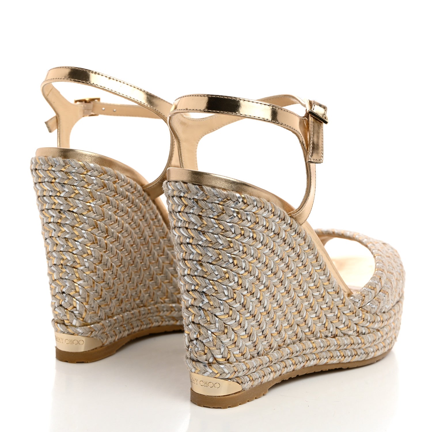 Jimmy Choo Metallic Raffia 120 Wedge Sandals 42 Gold 4 of 7